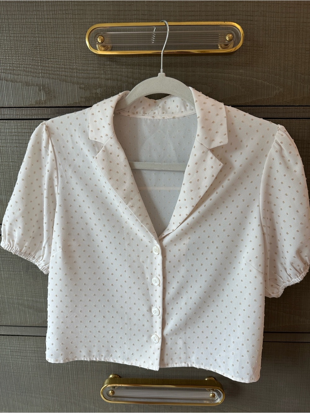 White Polka Dot Cropped Button-Up with Short  Puff Sleeve